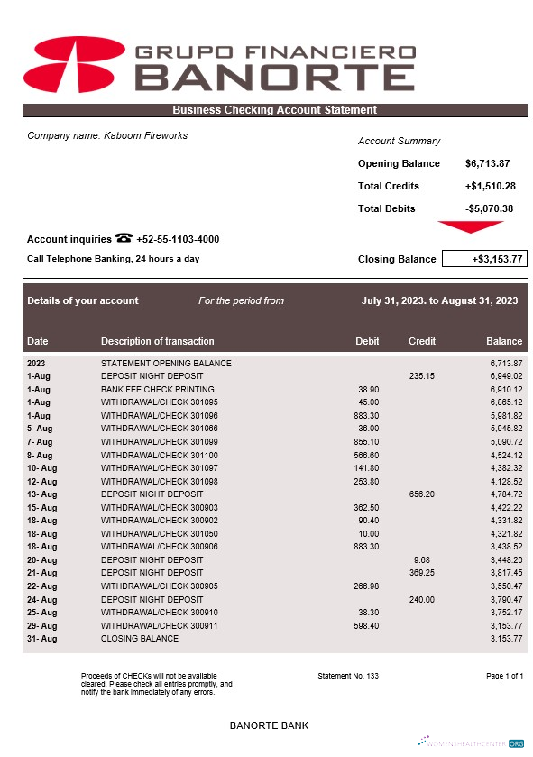 Download Banorte Bank enterprise statement Word and PDF template Photoshop template